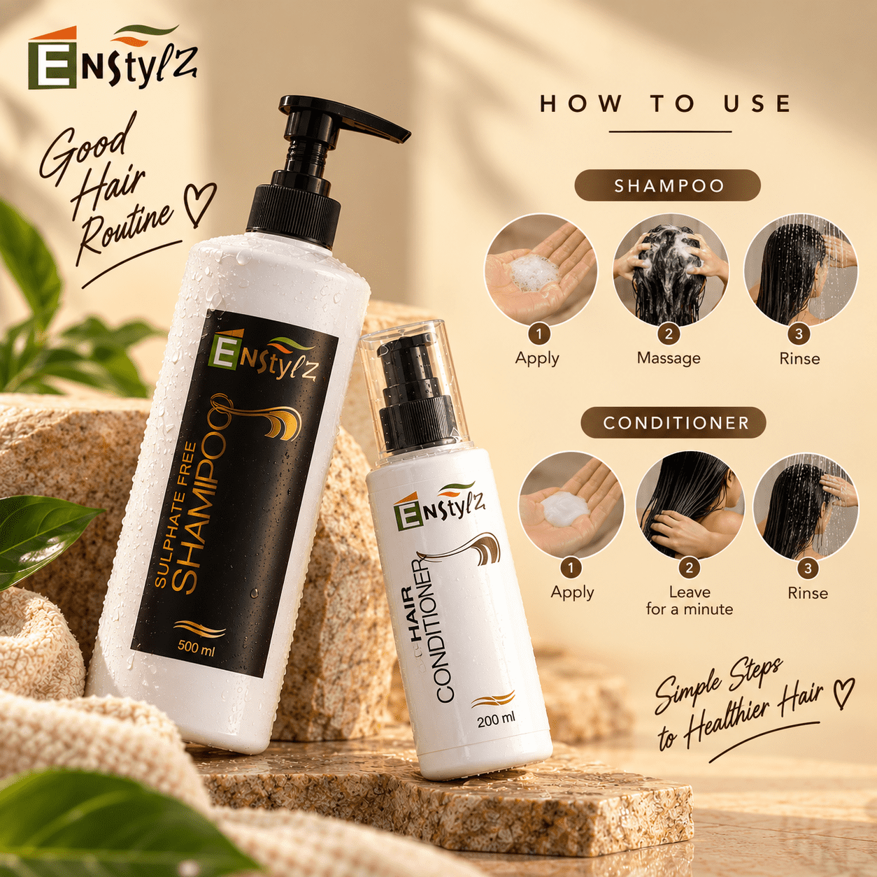 Enstylz Shampoo and Conditioner Combo | Sulphate-Free Shampoo (500ml) + Nourishing Conditioner (200ml) - Image 2
