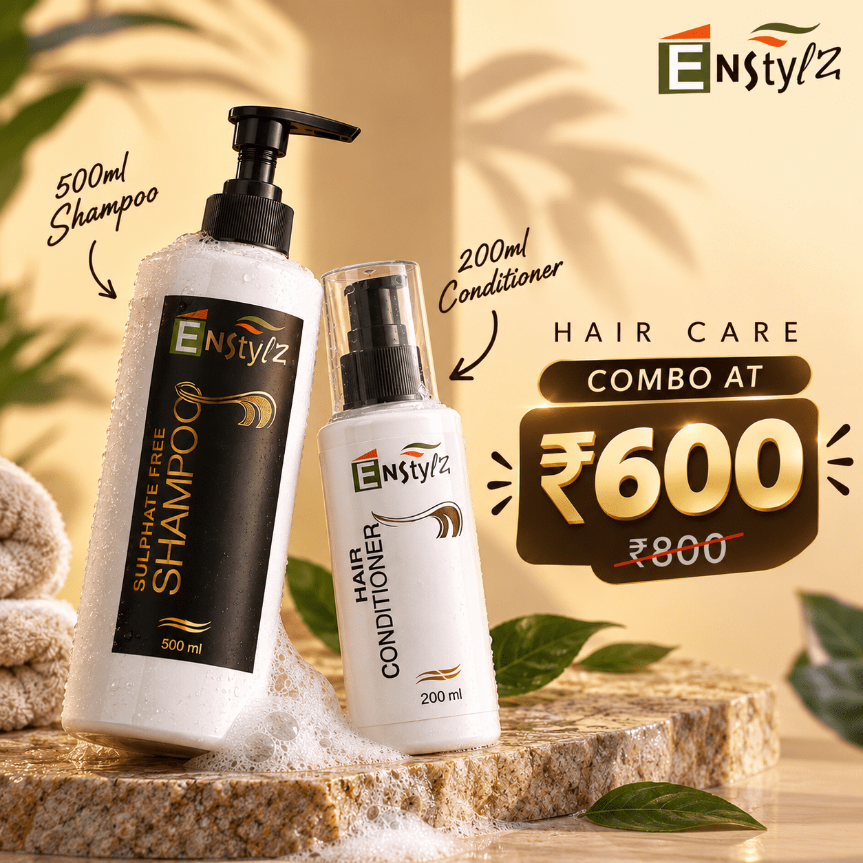 Enstylz Shampoo and Conditioner Combo | Sulphate-Free Shampoo (500ml) + Nourishing Conditioner (200ml)